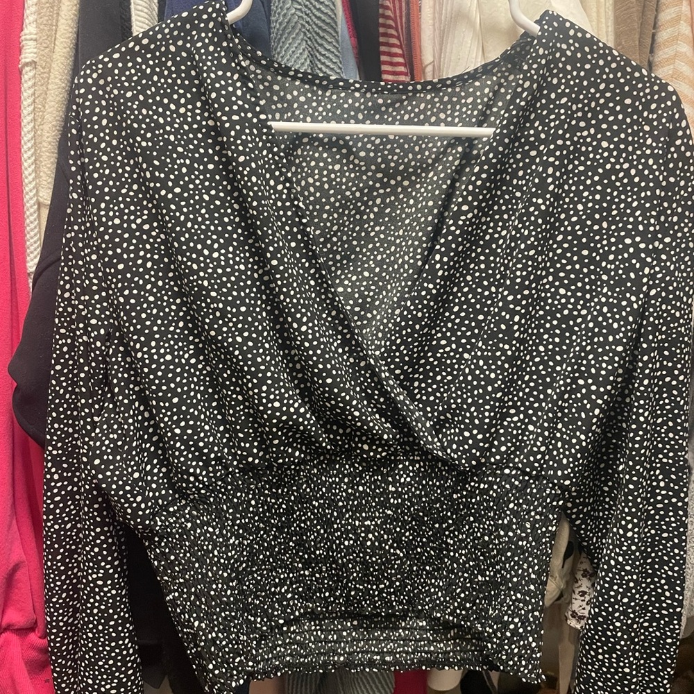 Black and White Wrap Smocked Blouse 3/4 Sleeve